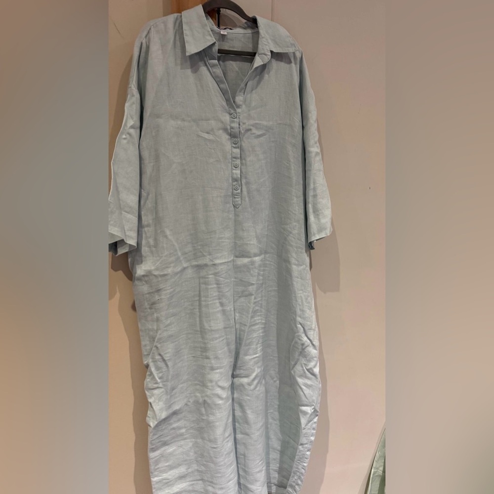 Aritzia Light Blue Linen-Blend Button Front Jumpsuit